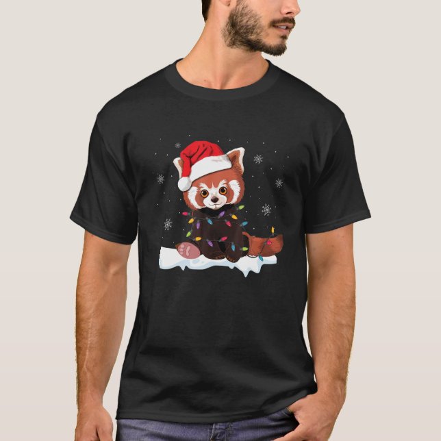 Red Panda Christmas Lights Santa Hat Pajamas Gift T-Shirt (Front)