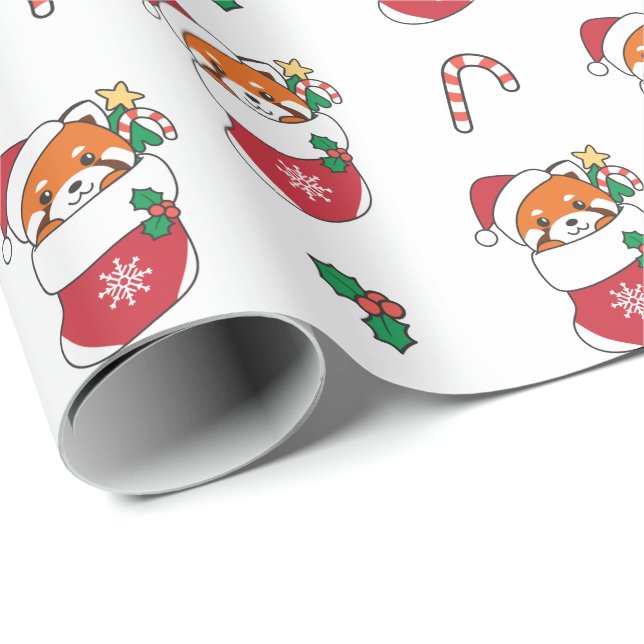 Red Panda Christmas Snow Winter Animals Panda Wrapping Paper (Roll Corner)