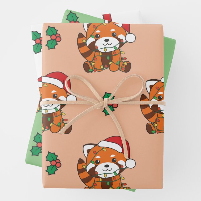 Red Panda Christmas Winter Animals Holiday Pandas Wrapping Paper Sheets (In situ)