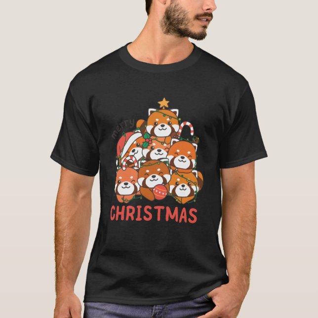Red Panda Christmasree Merry Christmas funny T-Shirt (Front)
