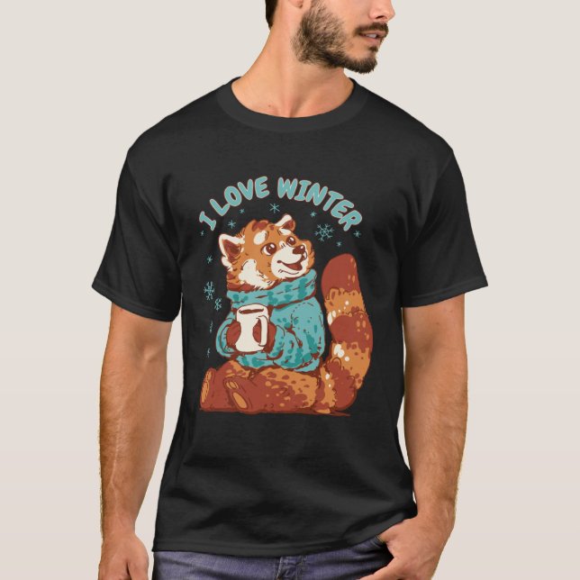 Red Panda Coffee Snow Quote I Love Winter Cute Pan T-Shirt (Front)