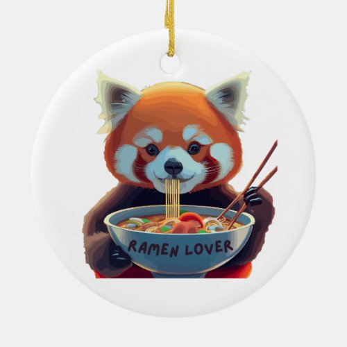 Red panda eating a bowl of ramen ceramic ornament
