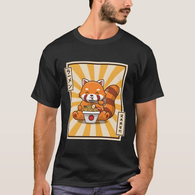 Red Panda Eating Ra Kawaii Japanese Noodles Ra T-Shirt (Front)