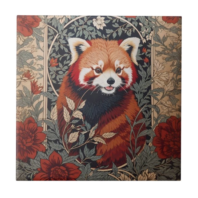 Red Panda Elegant William Morris Inspired Floral Ceramic Tile (Front)