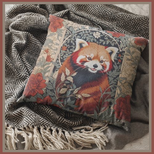 Red Panda Elegant William Morris Inspired Floral Throw Pillow