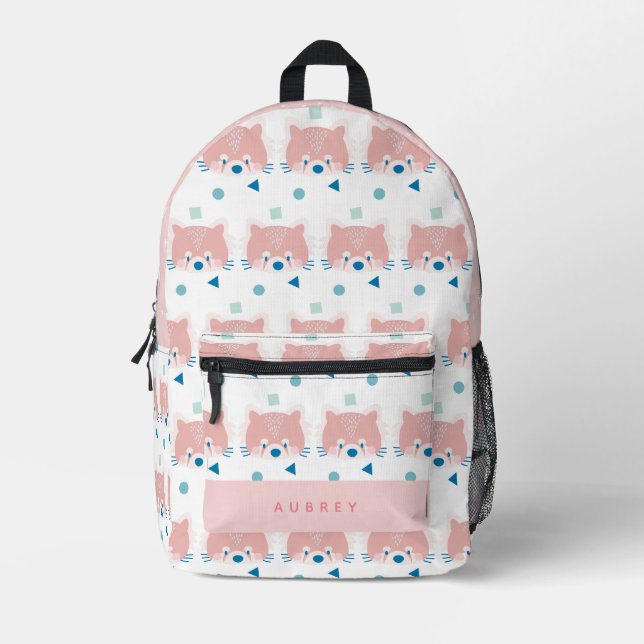 Red Panda Face/Head Pattern White & Light Pink Printed Backpack (Front)