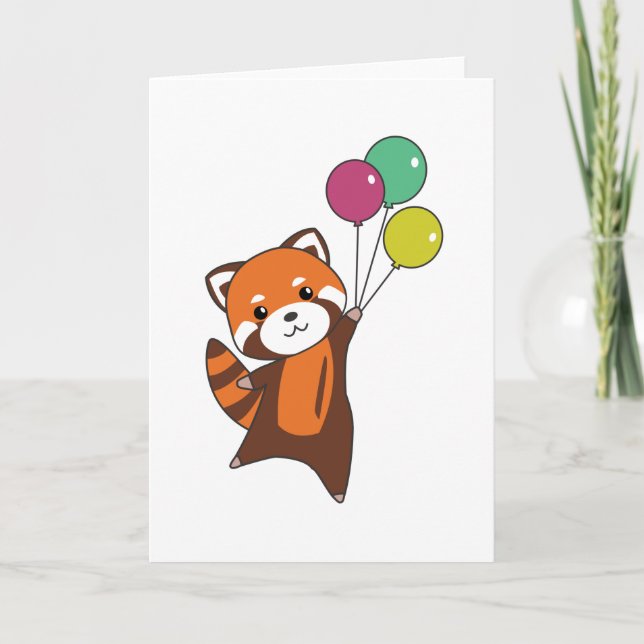 Red Panda Flies Balloons Cute Animals For Kids Card (Front)