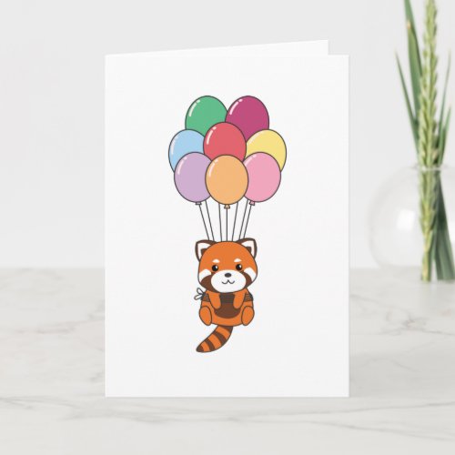 Red Panda Flies Up With Colorful Balloons Card