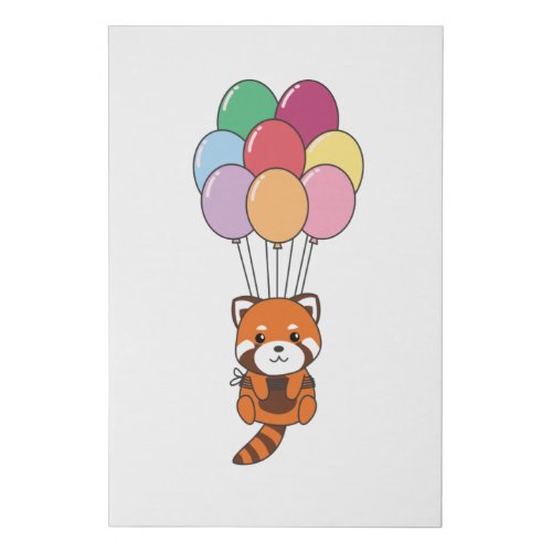 Red Panda Flies Up With Colorful Balloons Faux Canvas Print
