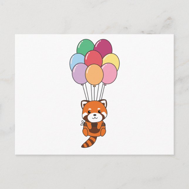 Red Panda Flies Up With Colorful Balloons Postcard (Front)