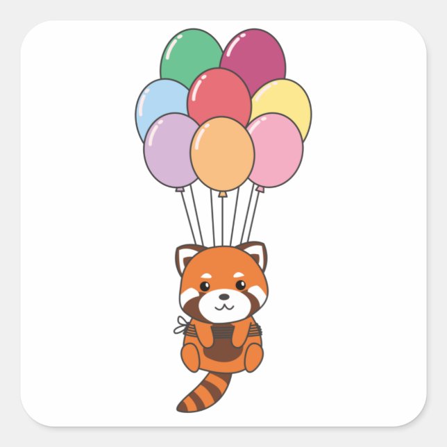 Red Panda Flies Up With Colorful Balloons Square Sticker (Front)