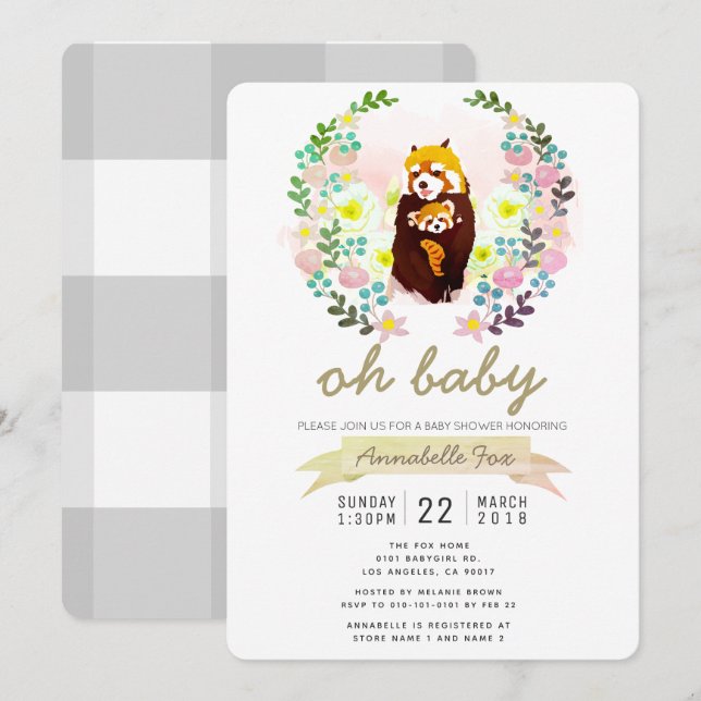 Red Panda Floral Wreath Baby Shower Invitation (Front/Back)