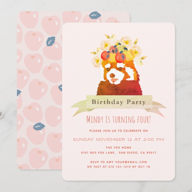 Red Panda Flower Crown Birthday Party Invitation (Front/Back)