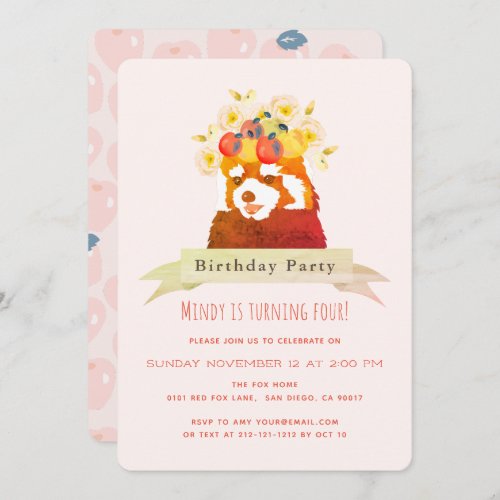 Red Panda Flower Crown Birthday Party Invitation