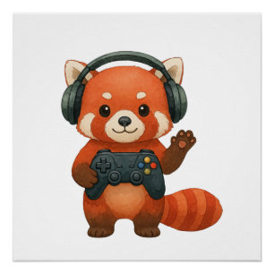 Red Panda Gamer, Gaming Controller & Headphones Poster