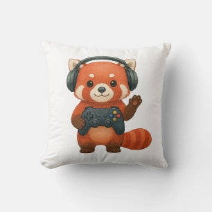 Red Panda Gamer, Gaming Controller & Headphones Throw Pillow