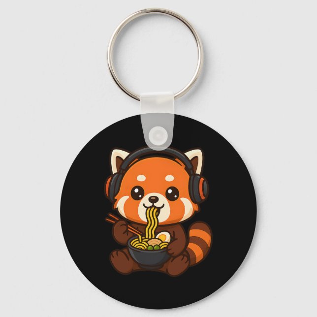 Red Panda Gaming Gamer Eating Ramen  Keychain (Front)