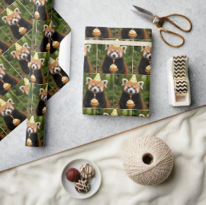 Red Panda Holding a Birthday Cupcake Wrapping Paper