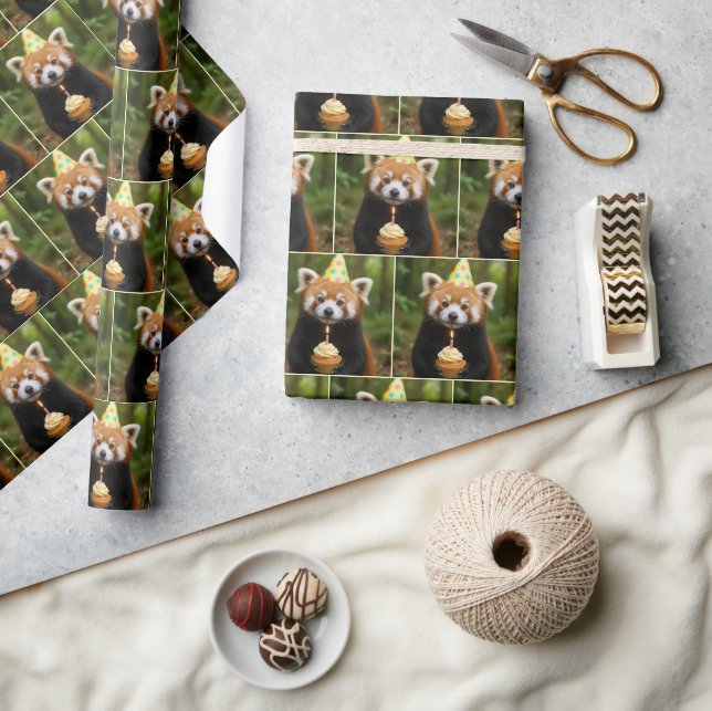 Red Panda Holding a Birthday Cupcake Wrapping Paper (Crafts)