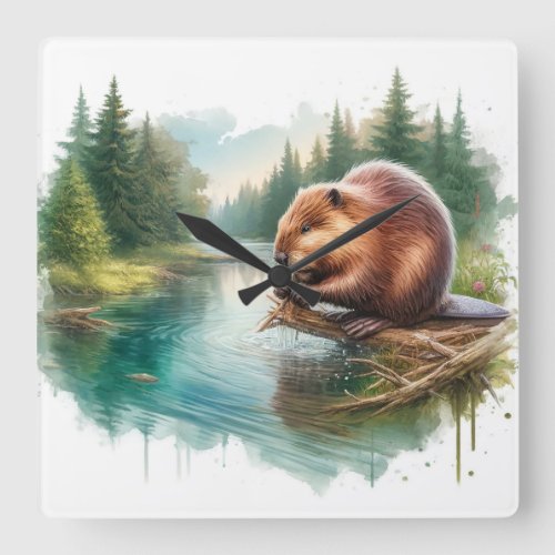 Red Panda in Bamboo Forest _ Watercolor Square Wall Clock