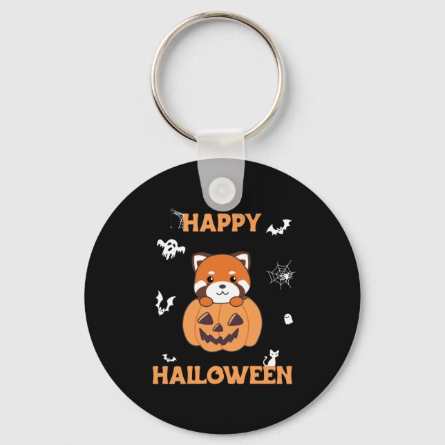Red Panda In Pumpkin Cute Pandas Happy Halloween Keychain (Front)