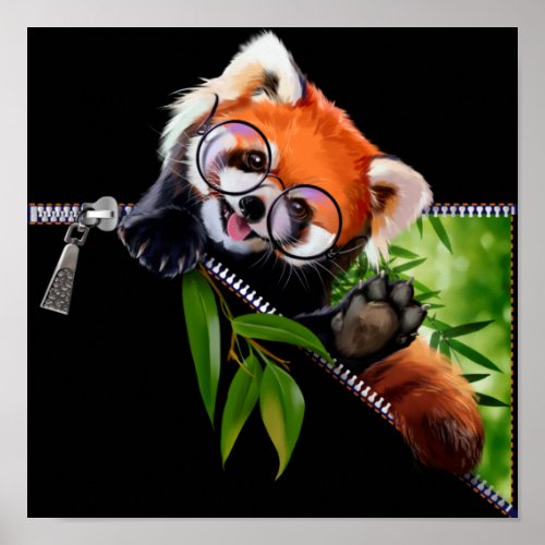 Red Panda in round glasses and bamboo branch Poster