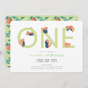 Red Panda Light Green 1st Birthday Invitation