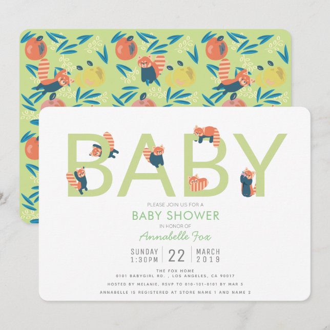 Red Panda Lime Green Baby Shower Invitation (Front/Back)