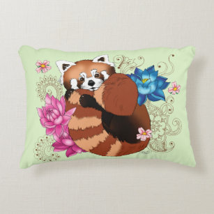Red Panda Lotus Flowers Henna Accent Pillow