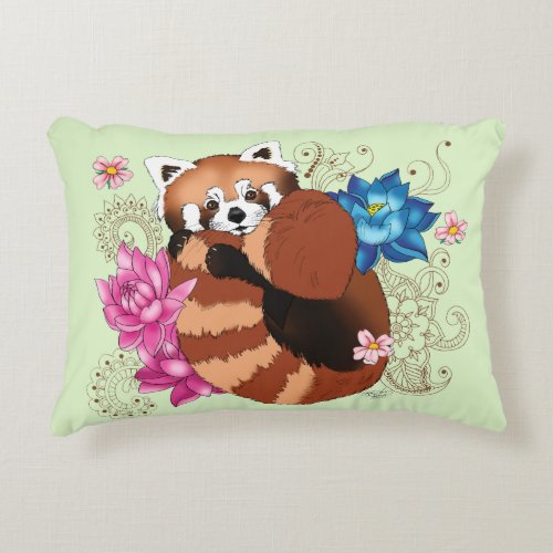 Red Panda Lotus Flowers Henna Accent Pillow