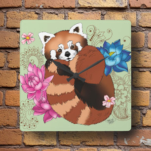 Red Panda Lotus Flowers Henna Square Wall Clock