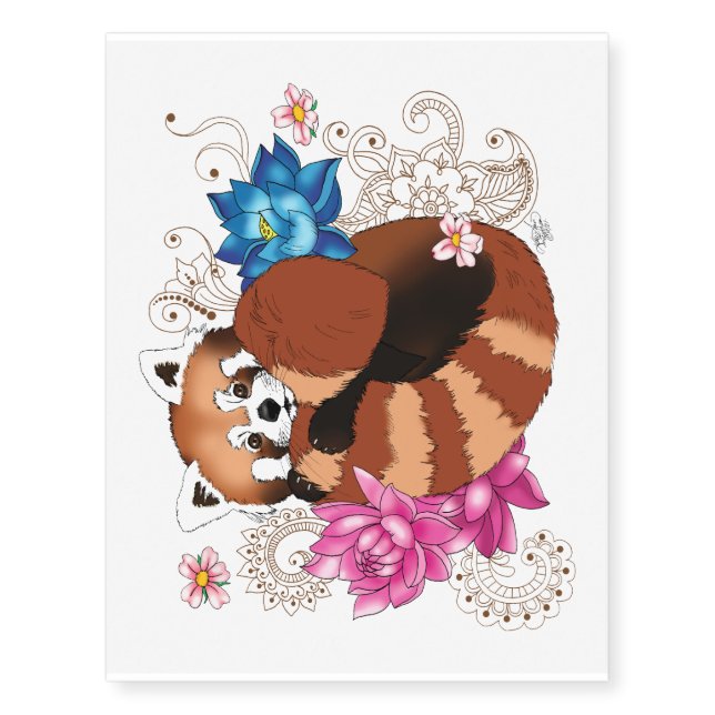 Red Panda Lotus Flowers Henna Temporary Tattoos (Front)