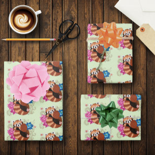 Red Panda Lotus Flowers Henna Wrapping Paper Sheets