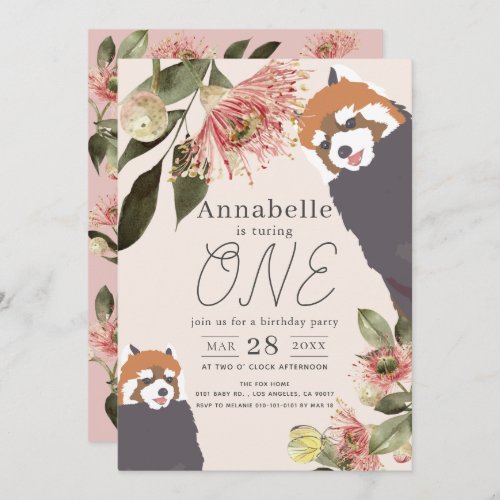 Red Panda Pink Floral Girl 1st Birthday Invitation