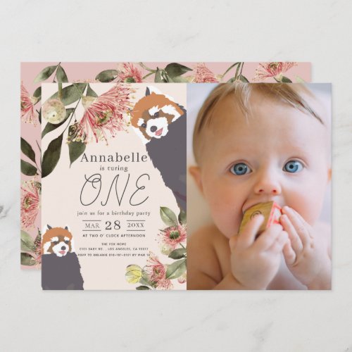 Red Panda Pink Floral Girl 1st Birthday Photo Invitation