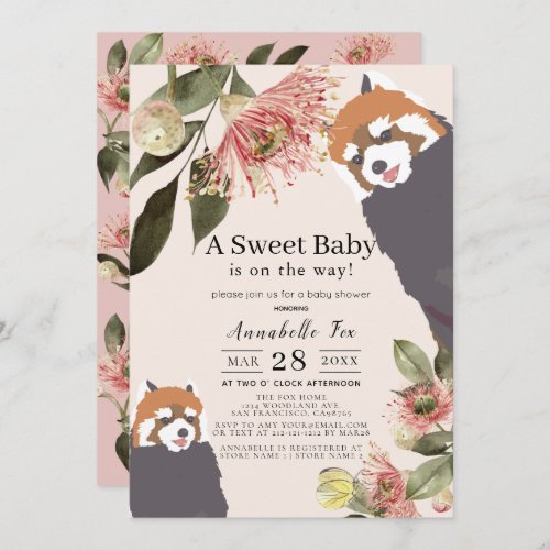 Red Panda Pink Floral Girl Baby Shower Invitation