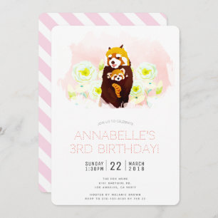 'Red Panda' Pink Floral Girl Birthday Invitation