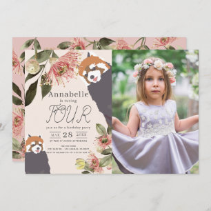 Red Panda Pink Floral Girl Birthday Photo Invitation