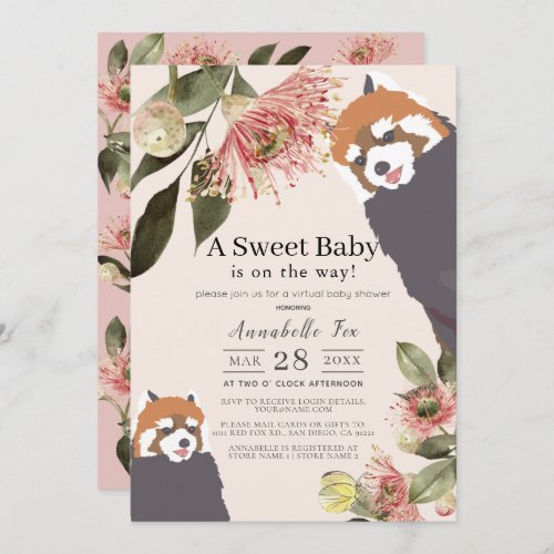 Red Panda Pink Floral Girl Virtual Baby Shower Invitation