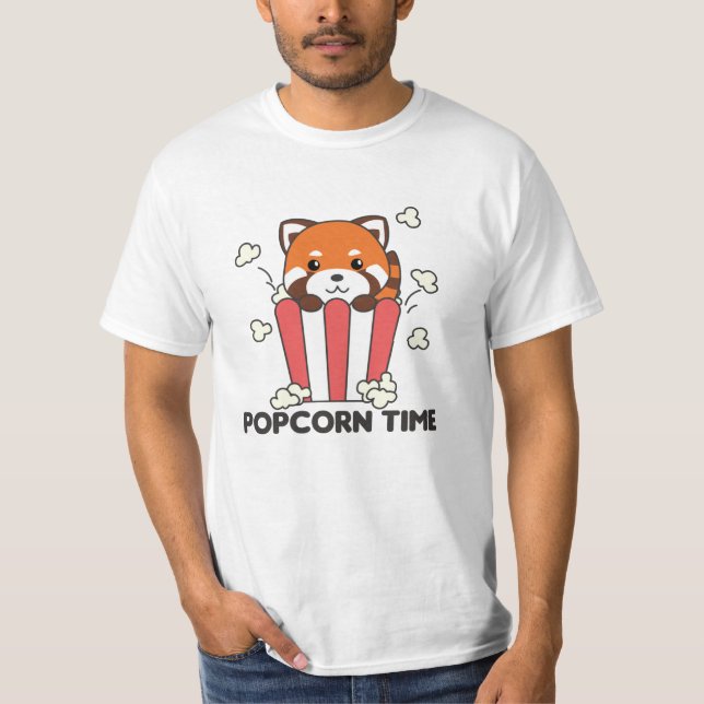 Red Panda Popcorn Time Funny Pun T-Shirt (Front)