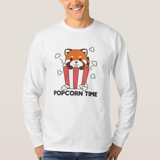 Red Panda Popcorn Time Funny Pun T-Shirt (Front)