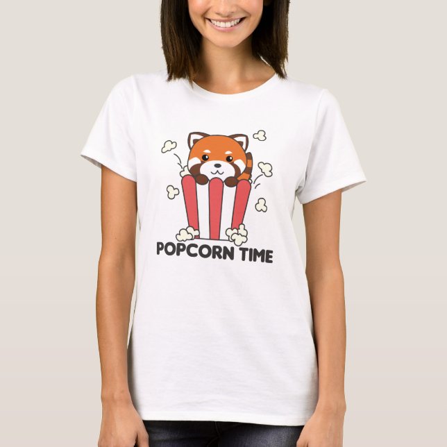 Red Panda Popcorn Time Funny Pun T-Shirt (Front)