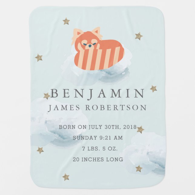 Red Panda & Stars Baby Boy Stats Baby Blanket (Front)