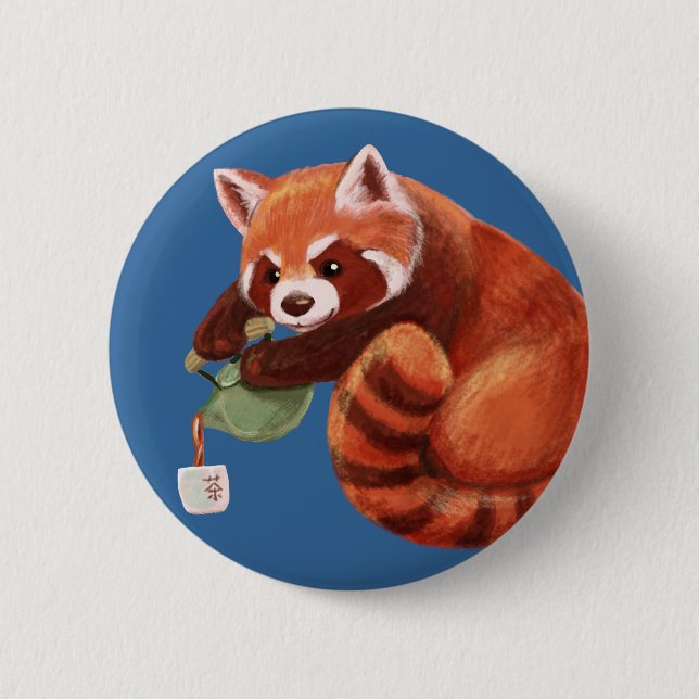 Red Panda Tea Time Pinback Button (Front)