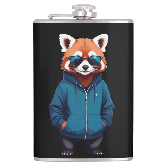 Red Panda Wearing Hoodie Funny Cool Animal Music Flask (Front)