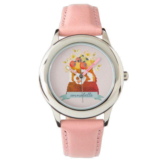 Red Panda with Flower Crown Pink Watch (Front)