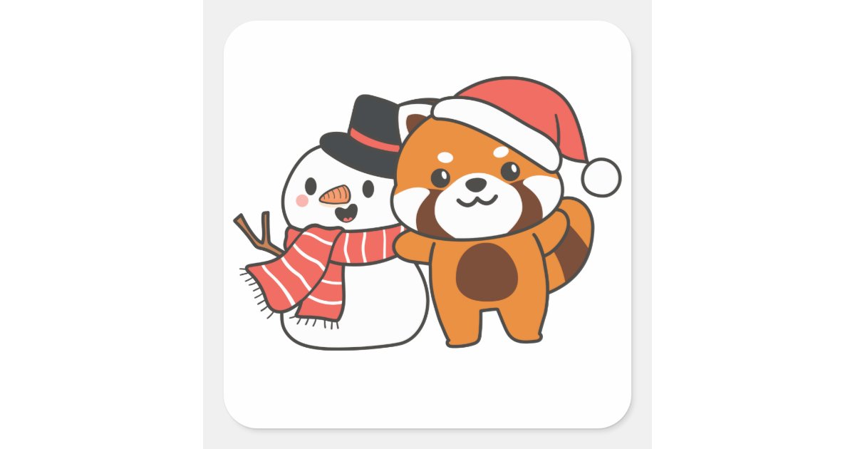 Red Panda With Snowman In Winter For Christmas Squ Square Sticker | Zazzle