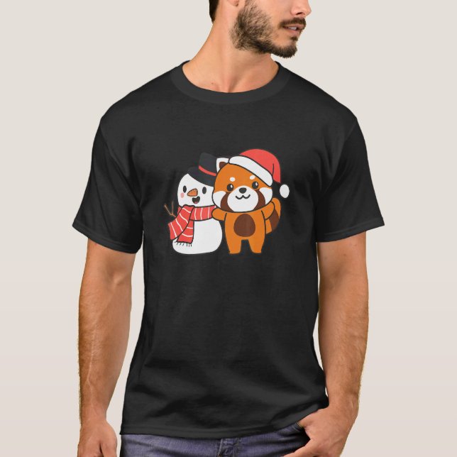 Red Panda With Snowman In Winter For Christmas T-Shirt (Front)
