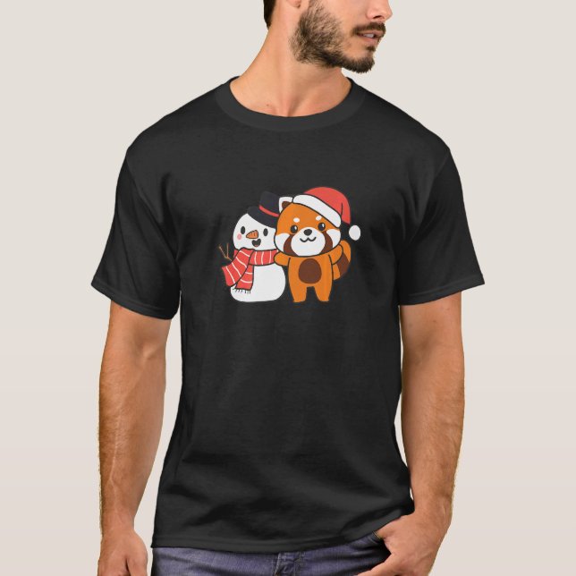 Red Panda With Snowman In Winter For Christmas   T-Shirt (Front)