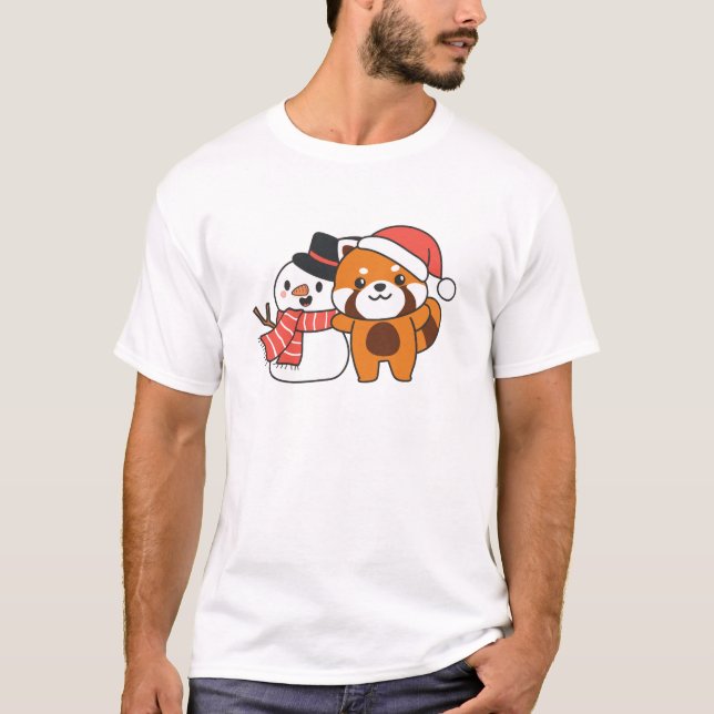 Red Panda With Snowman In Winter For Christmas T-Shirt (Front)